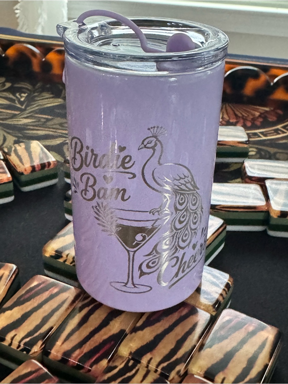 3 oz Insulated Shot Glass Keychain Mah Jong Birdie Bam Cheers Engraved